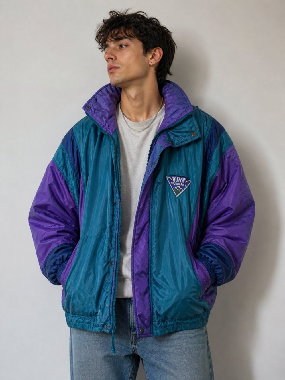Vintage 80s 90s Ski Jacket XL Colorblock Outer Boundaries Teal Purple Retro